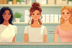 Three diverse women smiling together at a friendly and modern cafe environment, a Photo by AS photostudio