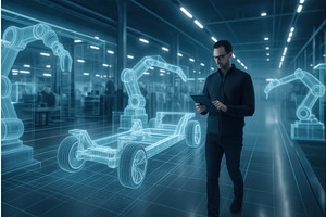 A man using a tablet in a high-tech, an Illustration by Sergey Kotenev