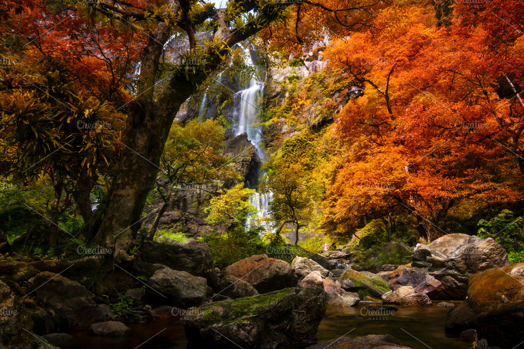 Beautiful waterfall in autumn forest stock photo containing waterfall and, a Nature Photo by Love Silhouette