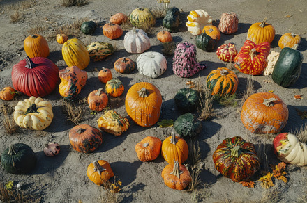 Colorful assortment of pumpkins arra, a Photo by Tanuart