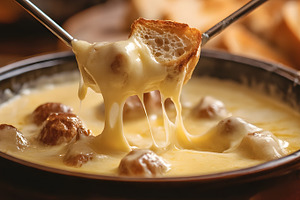 Cheese fondue with bread cubes in ru, a Food & Drink Photo by Photostock