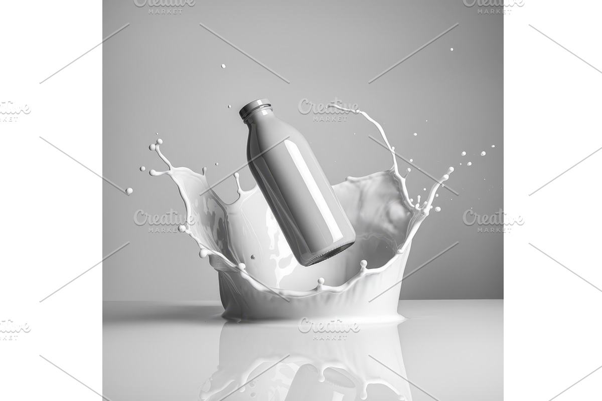 Glass bottle of milk splashing into, an Illustration by tilialucida