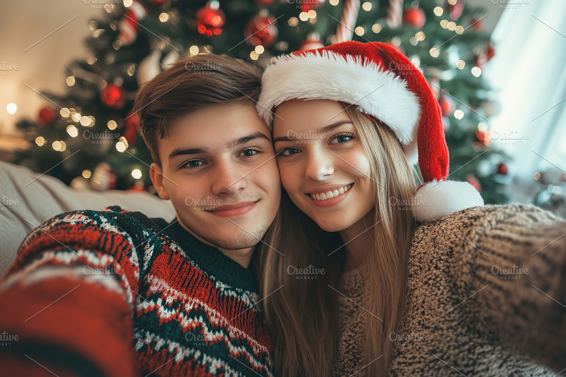 Happy young couple dressed in knitted sweaters doing selfie on christmas tree b, a Photo by AlyaAnd