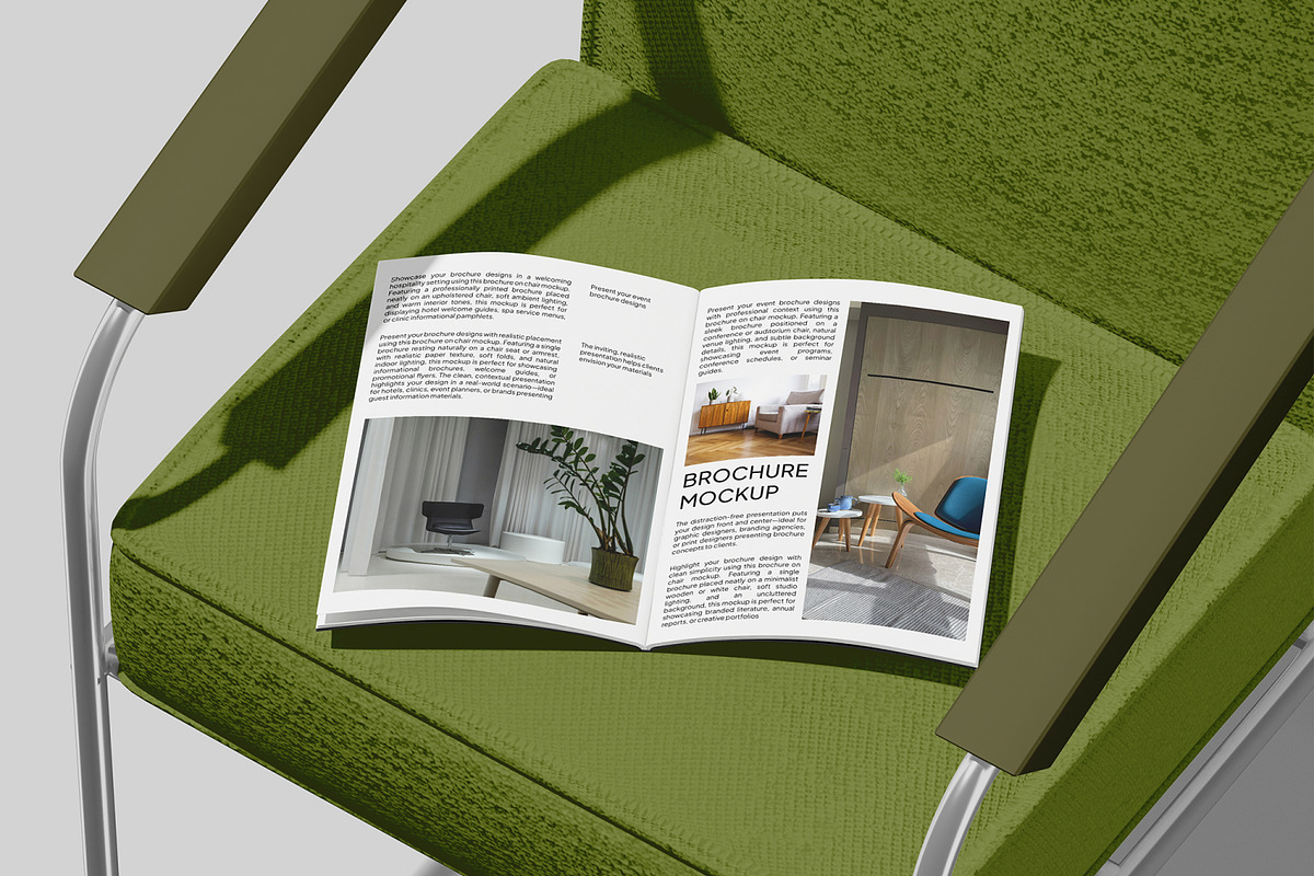Brochure on Chair Mockup, a Merchandise Mockup by Unerispace (Photo 2 of 5)