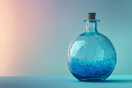 A blue glass bottle stands elegantly, a Photo by Tanuart