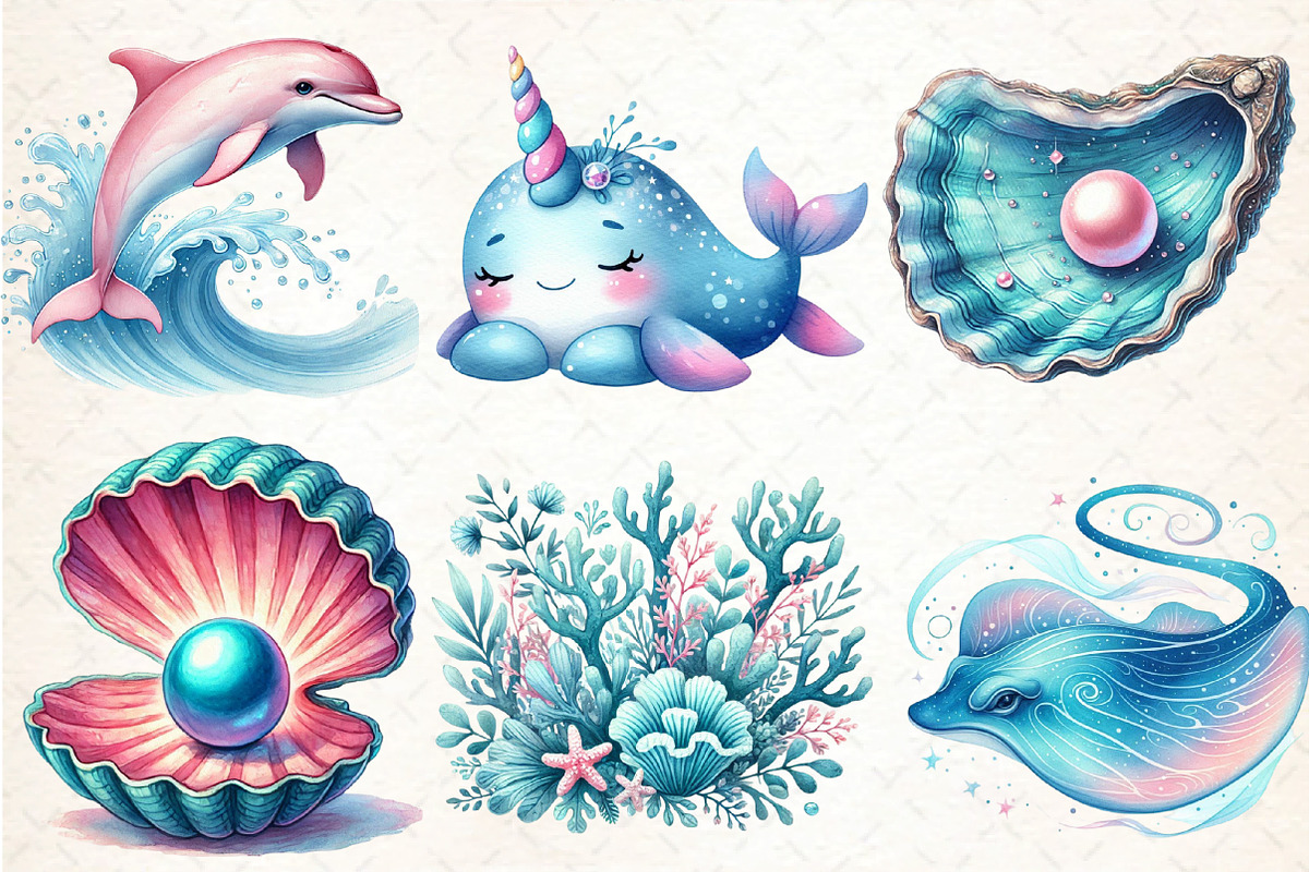 Watercolor Blue & Pink Sea Life Clip, an Illustration by DreamCafeArt (Photo 3 of 4)