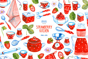 Watercolor Strawberry Kitchen