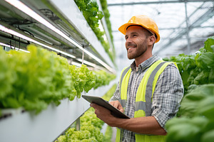 Smiling worker inspects lettuce growth in modern greenhouse during daytime hour, a Photo by AlyaAnd