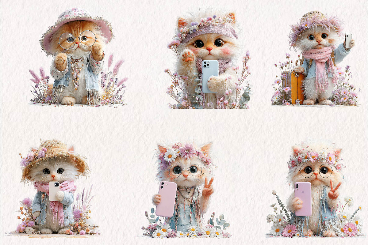 whimsical-boho-selfie-kitten-clipart, a Seasonal Illustration by CreationArt (Photo 4 of 7)