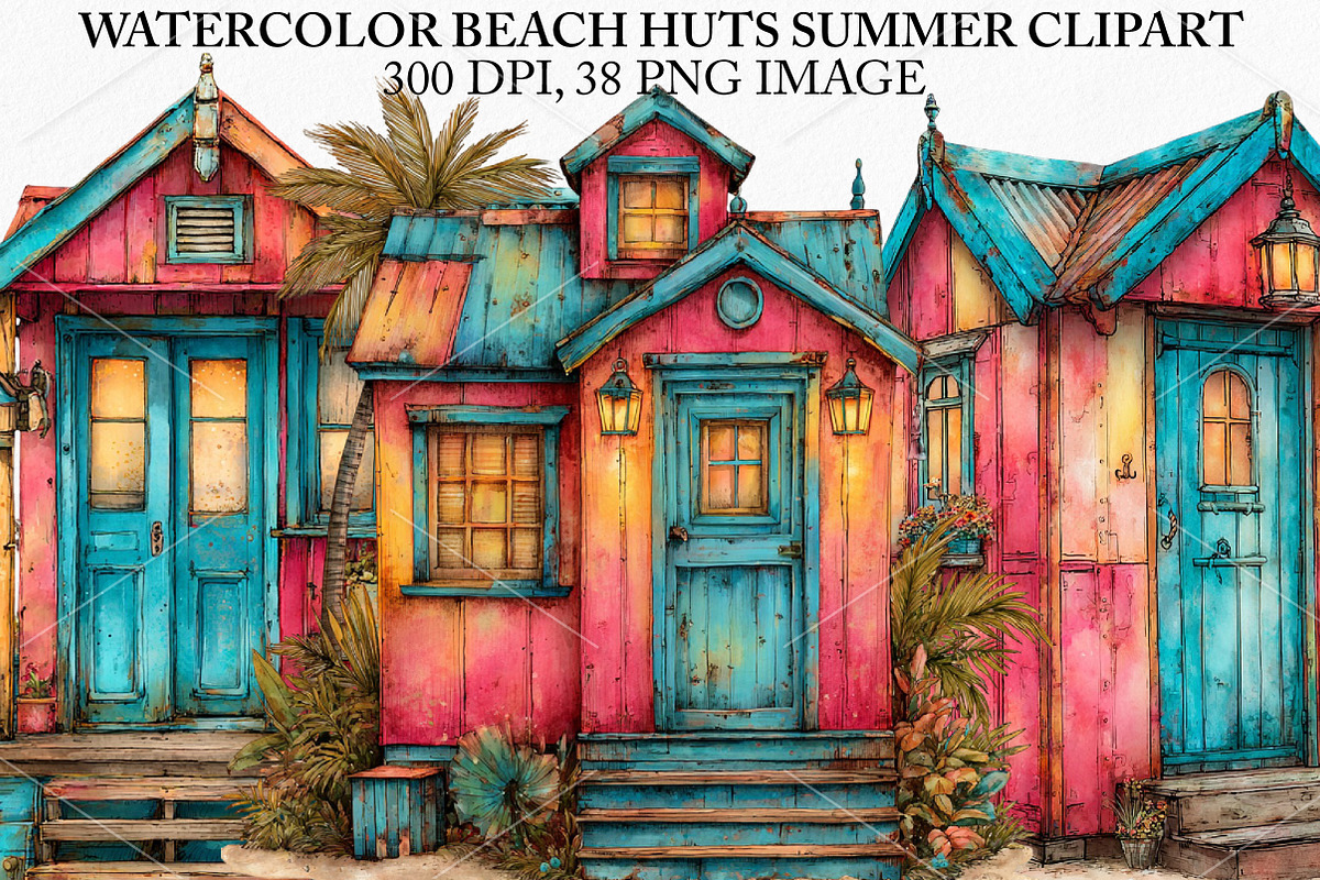 Watercolor Beach Huts Summer Clipart, an Illustration by Canvas Craft (Photo 1 of 7)