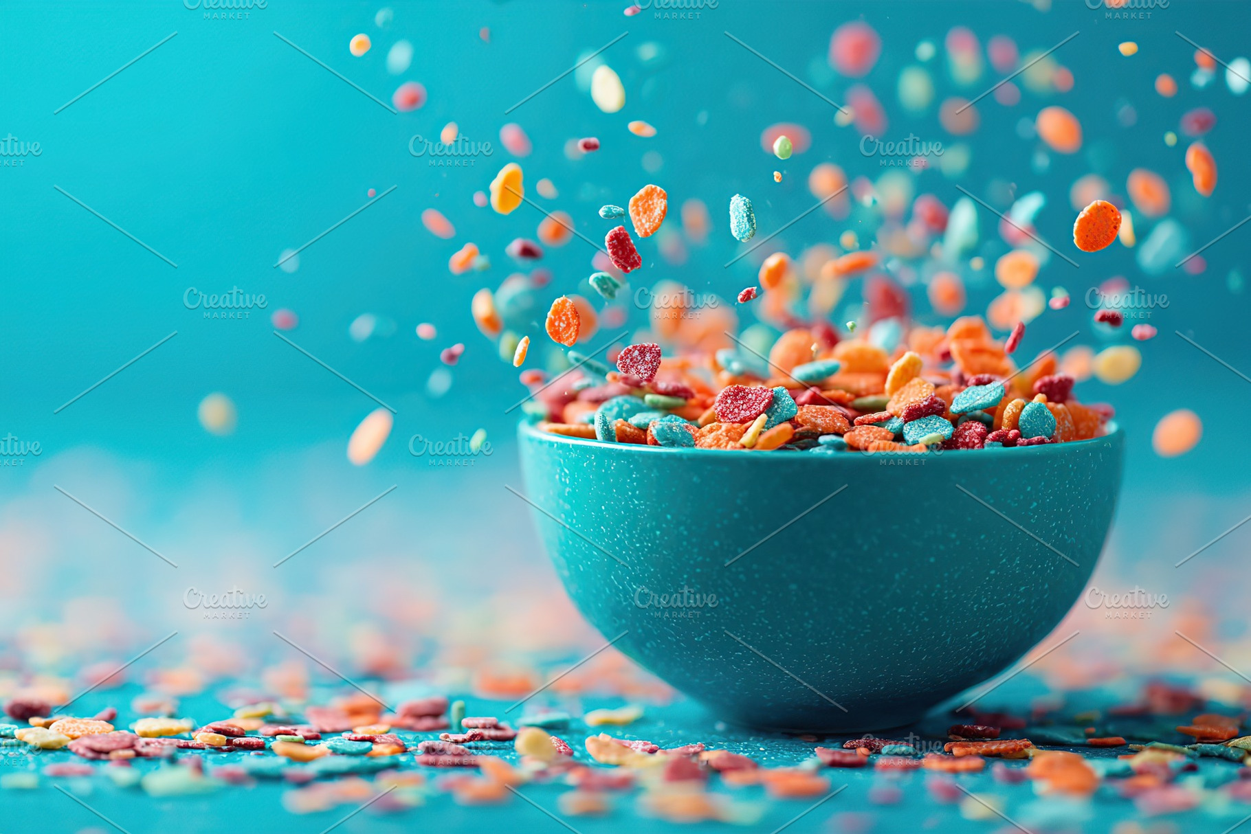 Multicolored cereal flakes splash out of a turquoise bowl in a bright setting, a Photo by AlyaAnd
