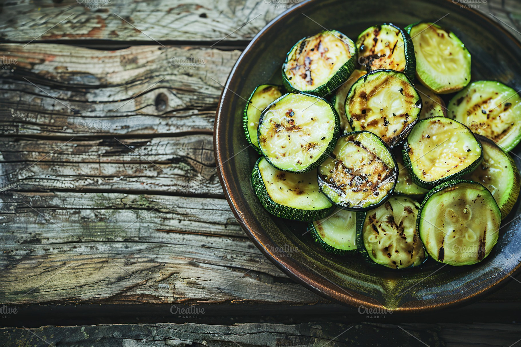 Grilled zucchini pieces in plate on wooden table, a Food & Drink Photo by AlyaAnd