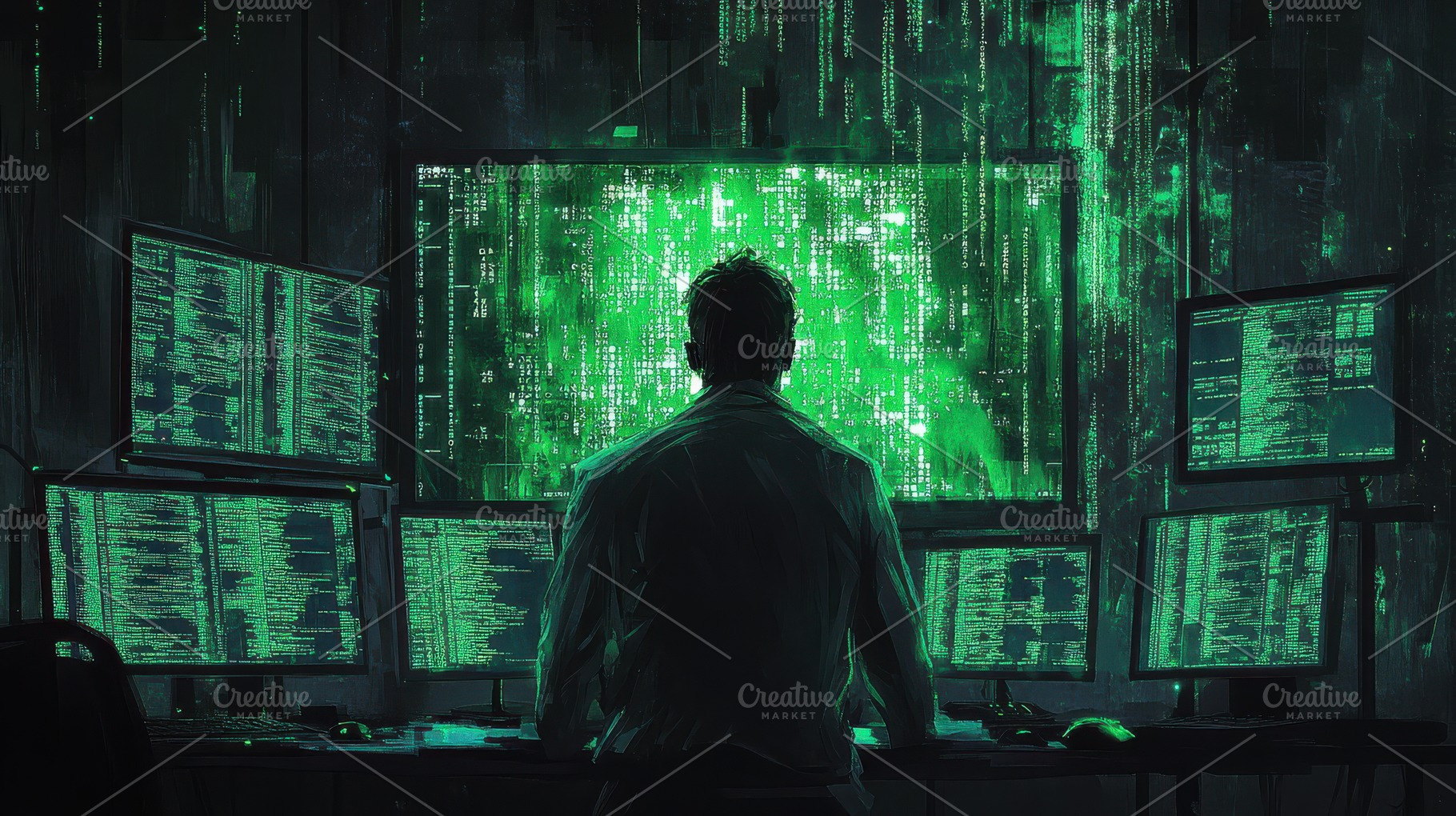 Data analyst immersed in a green mat, a Background Photo by Pixeness