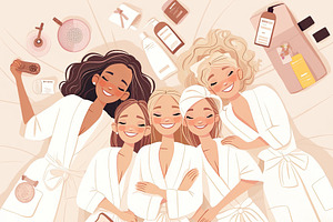 Group of women enjoying a spa day with bathrobes and skincare products, an Illustration by AS photostudio