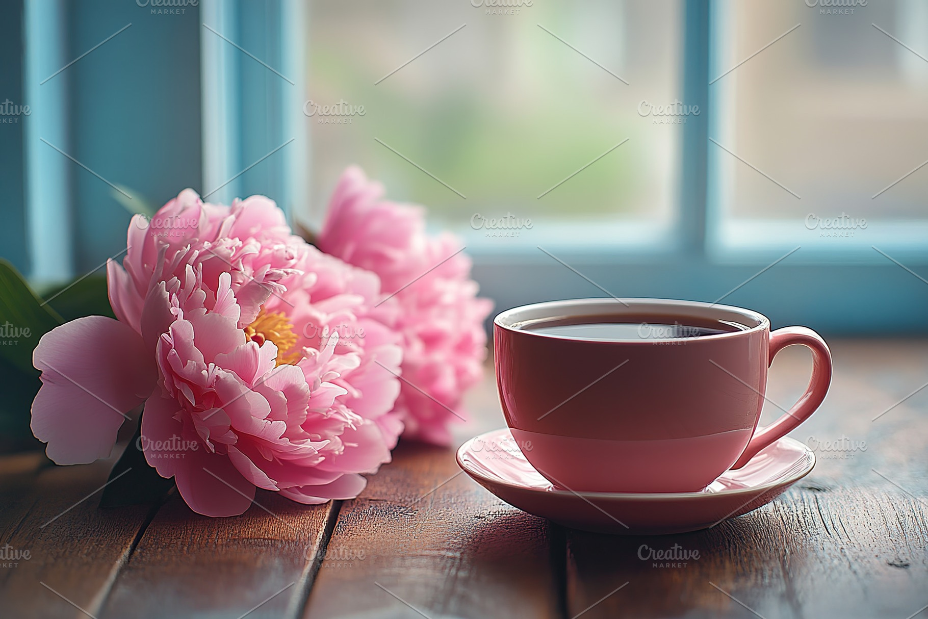 Cup of hot coffee and peony flowers on wooden background, a Food & Drink Photo by AlyaAnd