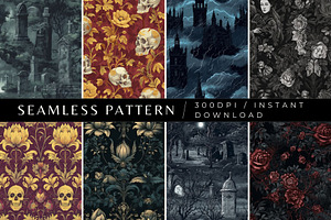 8 Gothic Noir Seamless Patterns, a Pattern Graphic by Inknfolly