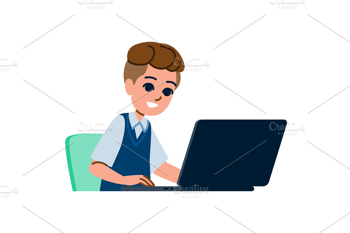 Smiling schoolboy using laptop for, an Education Illustration by pikepicture