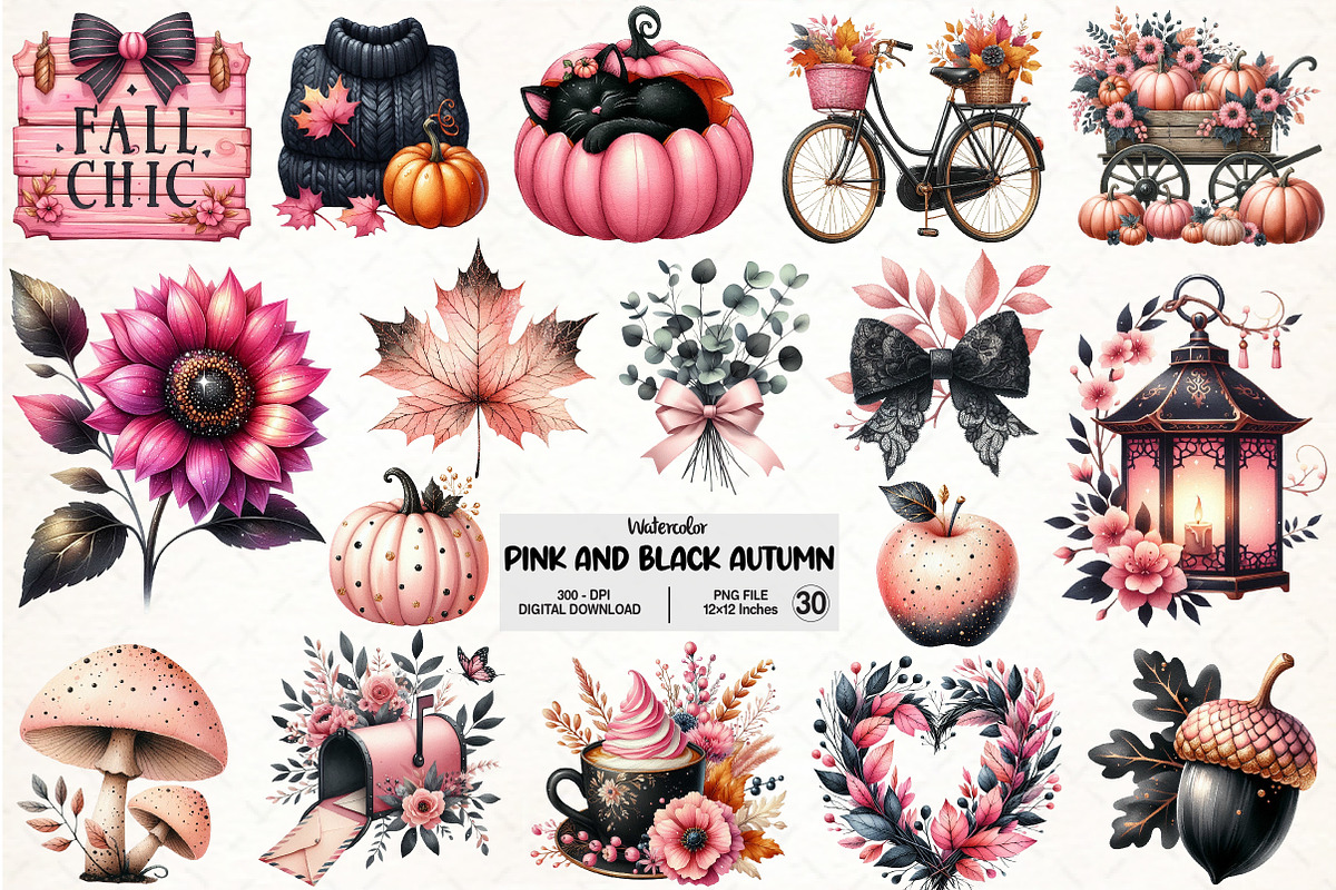 Watercolor Pink and Black Autumn, an Illustration by Pixels.Craft (Photo 1 of 7)