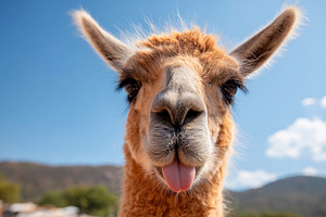 Llama playfully sticking its tongue out while posing for a close-up shot, an Animal Photo by AlyaAnd