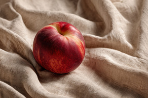 Lone Peach on Linen Napkin, a Food & Drink Photo by Virgo Studio