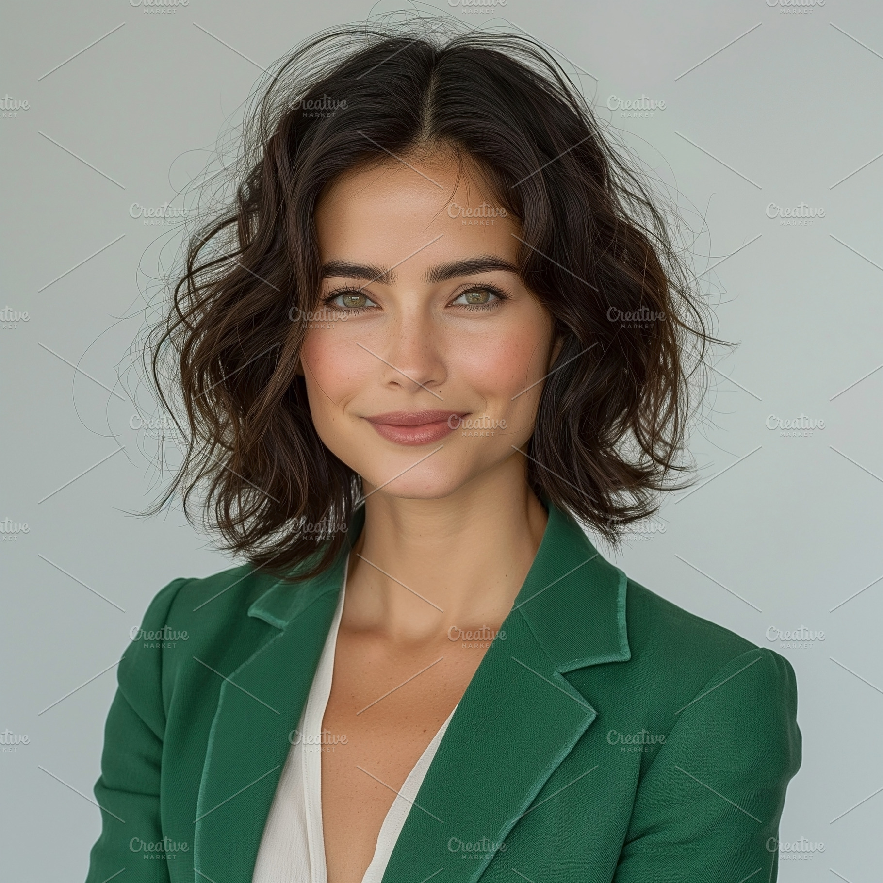 Young Hispanic woman with curly hair and a cheerful smile, wearing a green blaz, a Person Photo by ImageMir