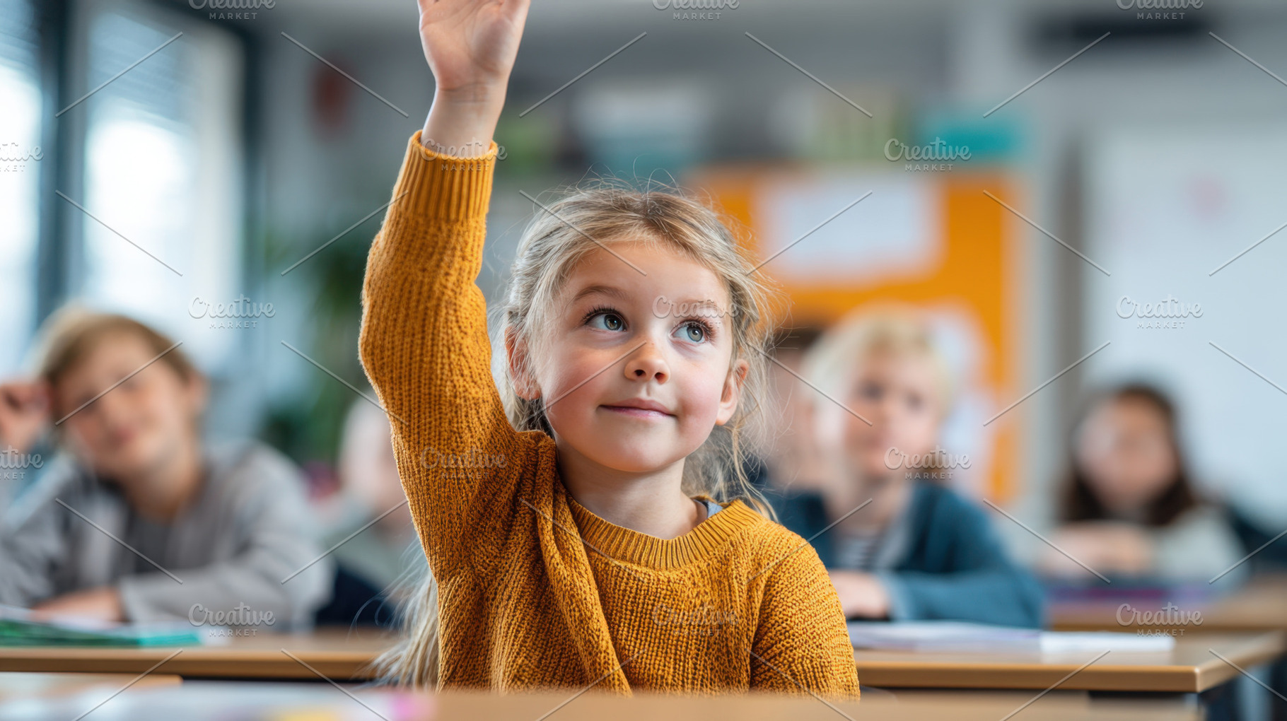 Child raising hand in classroom, a Photo by Beautiful things