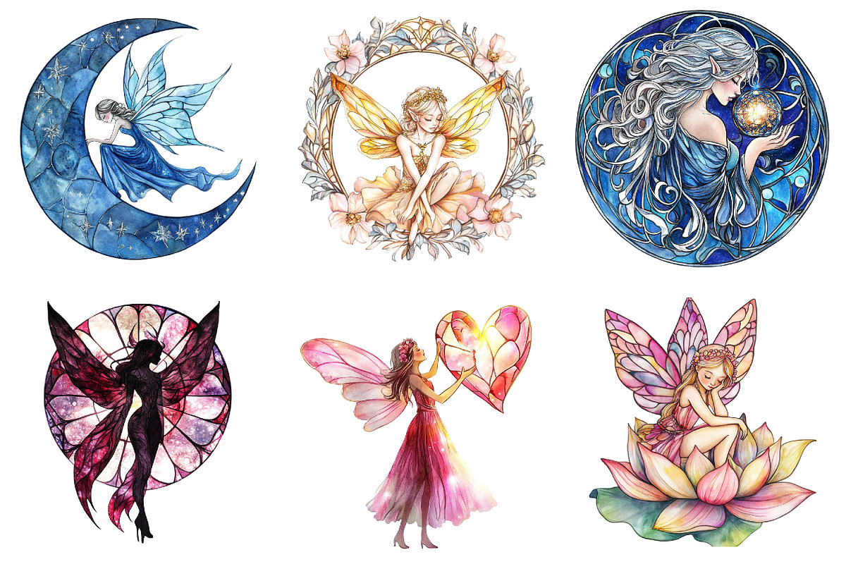 Fairies Stained Glass Watercolor Cli, an Illustration by DreamArtGraphic (Photo 4 of 4)