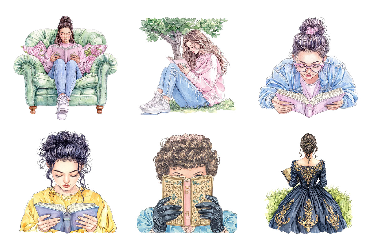 Watercolor Woman Reading PNG, an Illustration by SinaCreation (Photo 3 of 5)