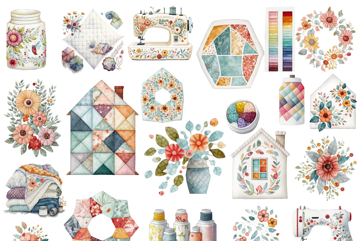 Watercolor Cottage Quilt Clipart V1, a Graphic by JBArt Clipart