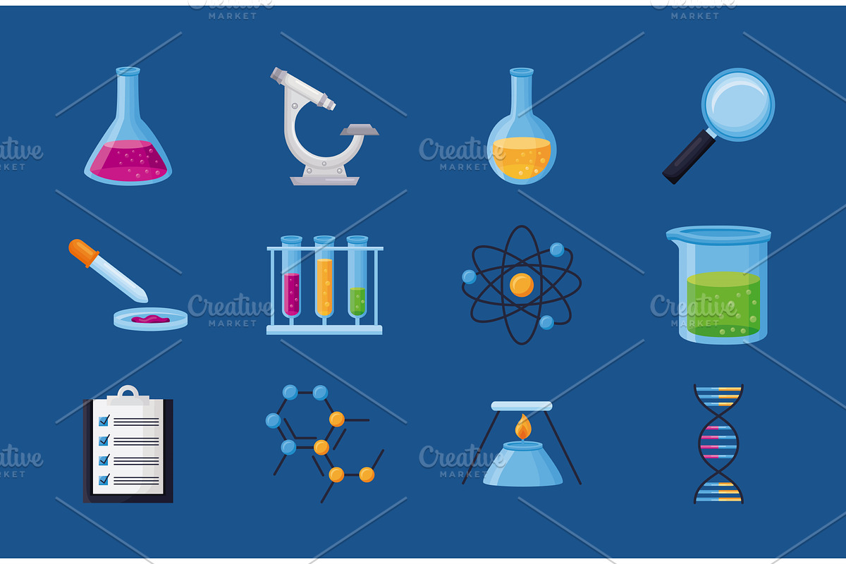 twelve chemistry lab icons, an Illustration by studiogstock