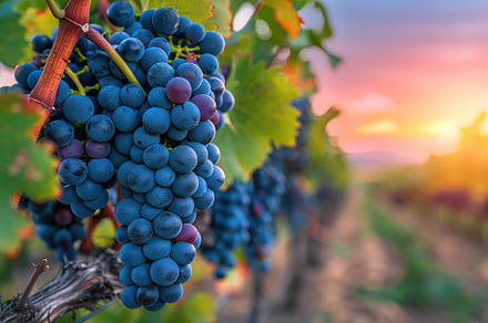 Blue grape bunches hanging in vineyard on sunset background, a Food & Drink Photo by AlyaAnd