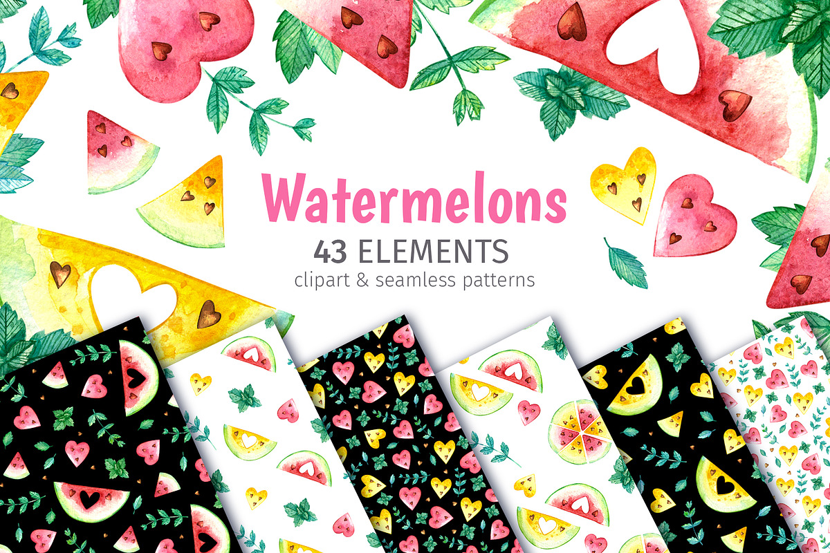 Watermelons Clipart & Patterns, a Food Illustration by Valin Malin (Photo 1 of 14)