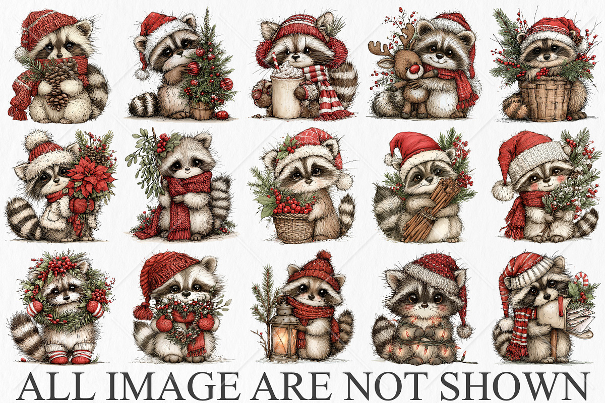 Whimsical Raccoons Christmas Clipart, a Seasonal Illustration by Canvas Craft (Photo 4 of 10)