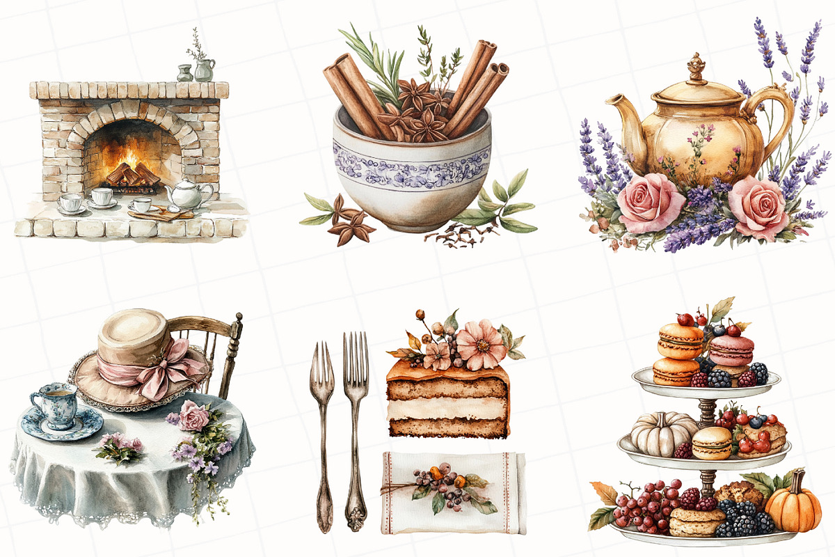 Watercolor Autumn Tea Party Clipart, an Illustration by OK Design (Photo 3 of 5)