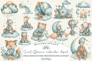 Sweet Dreams watercolor clipart, an Illustration by DreamCafeArt