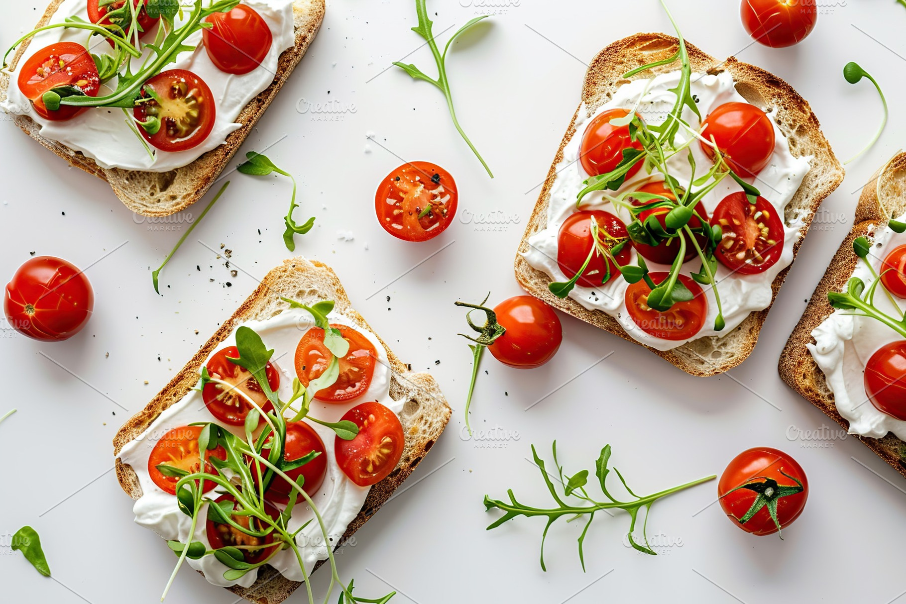 Sandwich with cream cheese, microgreens and tomatoes on white background, a Food & Drink Photo by AlyaAnd