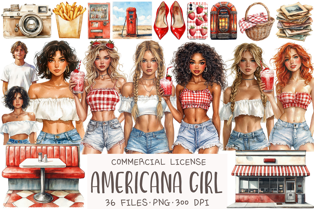 Watercolor Americana Girl Clipart, an Illustration by OK Design (Photo 1 of 5)