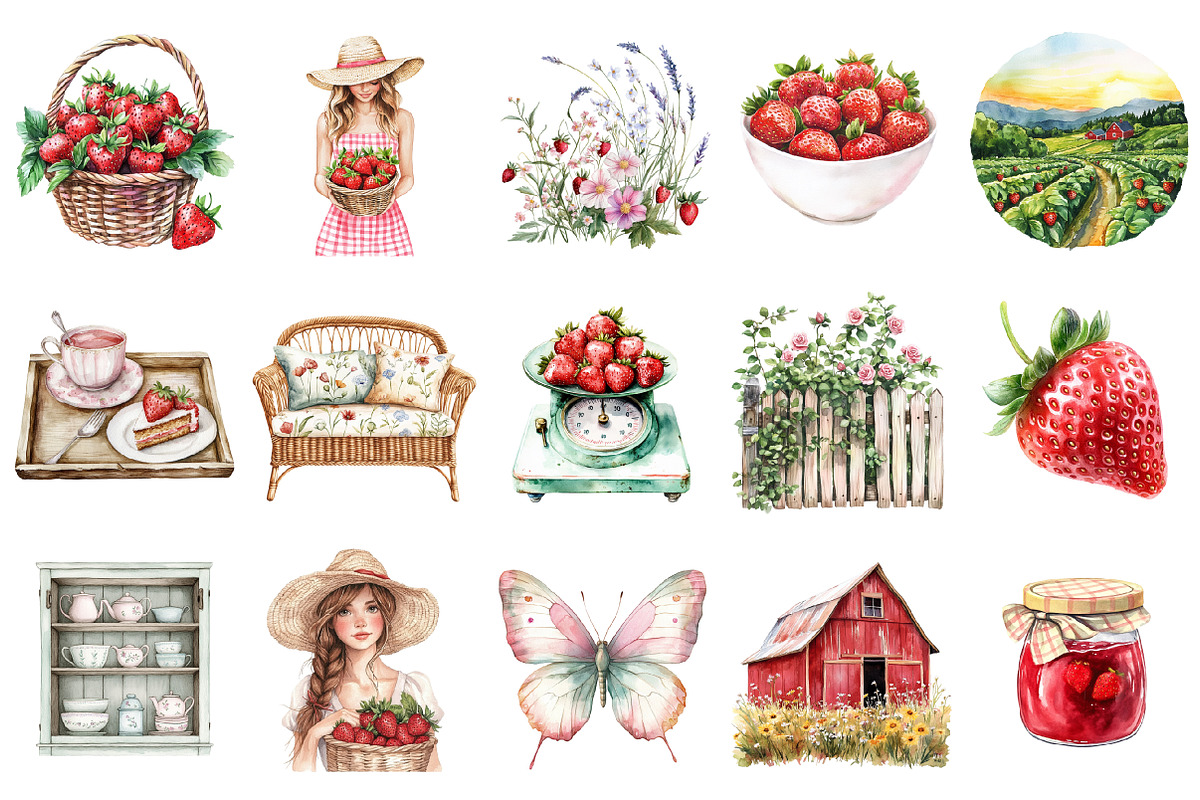Watercolor Strawberry Clipart, an Illustration by Design Market (Photo 2 of 5)