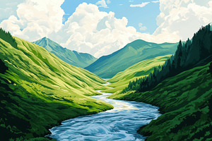 Lush green valley landscape with a w, a Photo by Tanuart