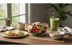 Healthy breakfast spread with, a Food & Drink Photo by Igor Tichonow