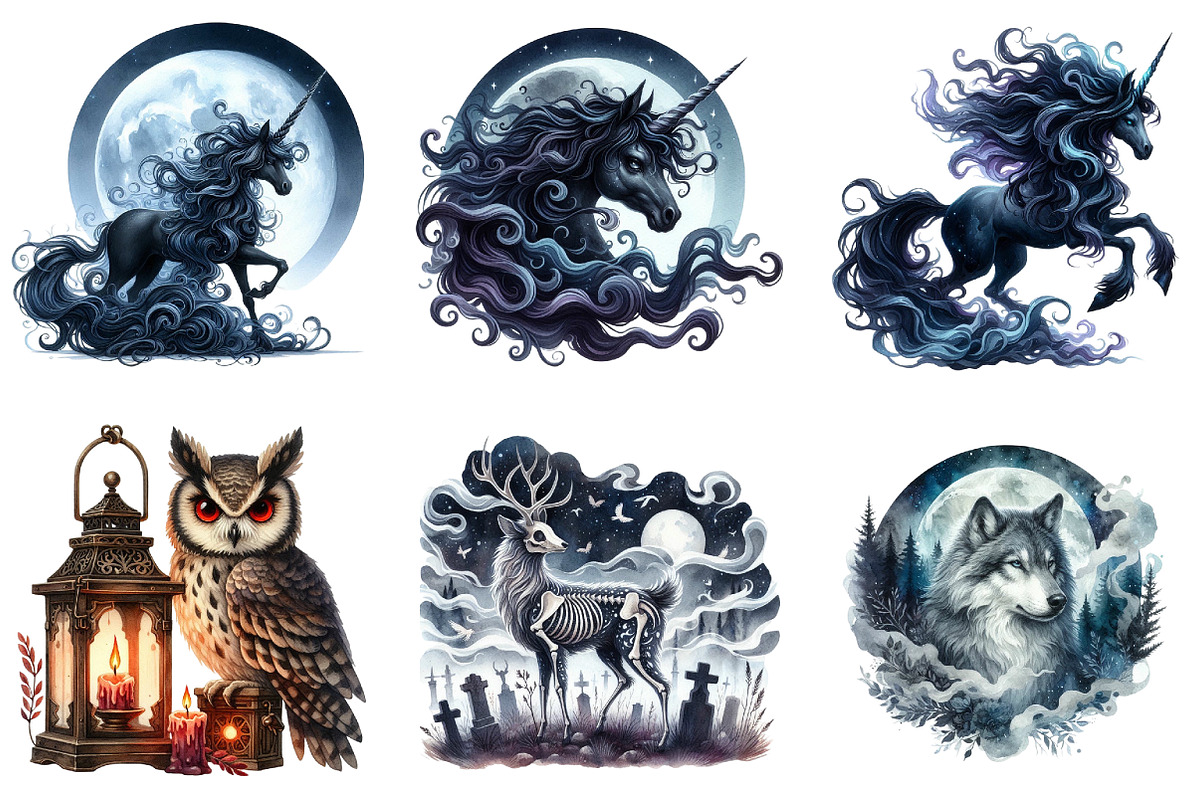 Watercolor Gothic Animals Clipart, an Illustration by DreamArtGraphic (Photo 3 of 4)