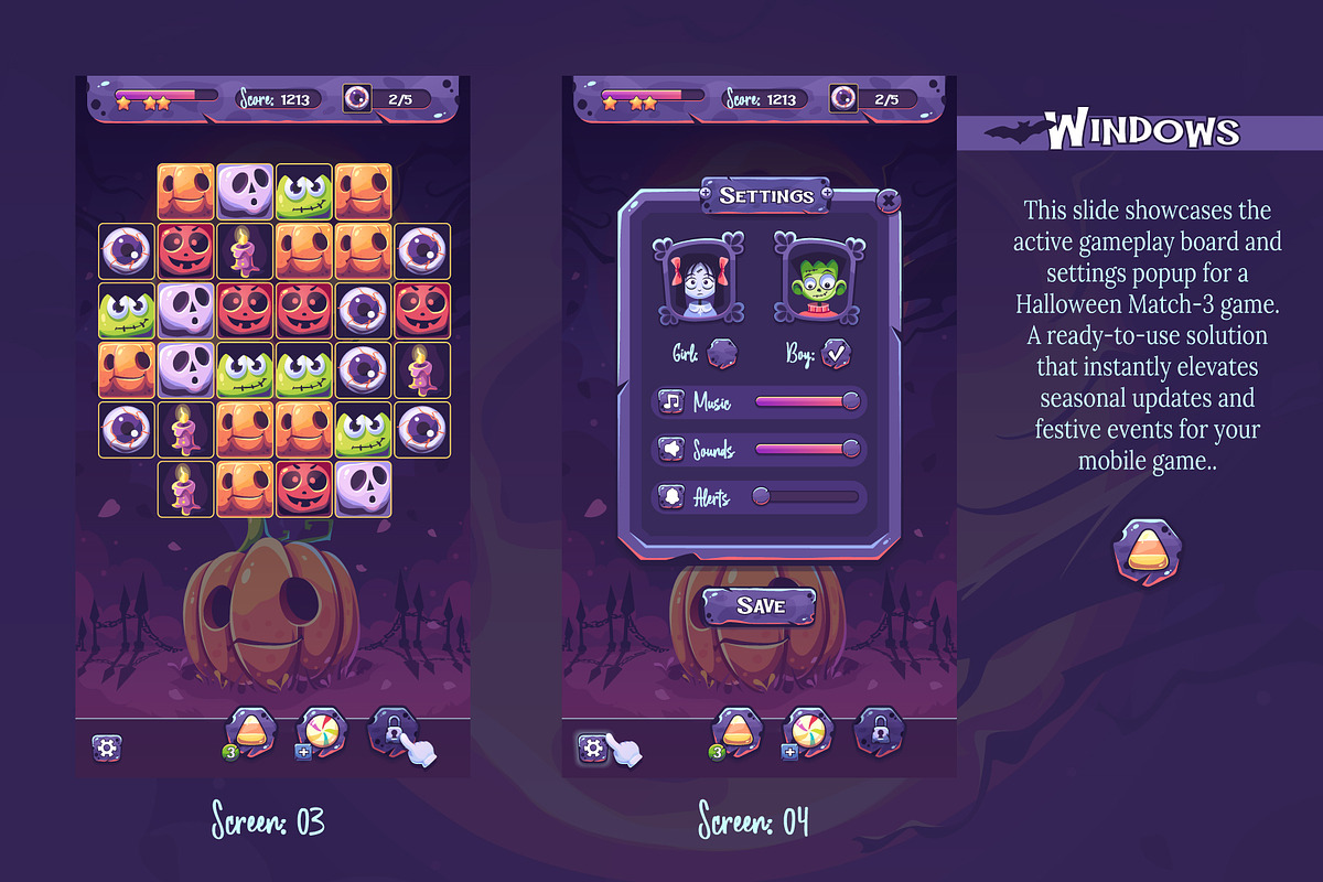 Halloween Match-3 Game UI Kit, an UI Kit Template by Nearbirds (Photo 3 of 7)