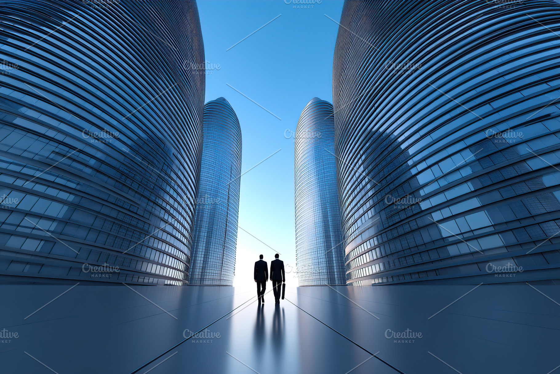 Business professionals walking between modern skyscrapers during the day, an Architecture Photo by AlyaAnd
