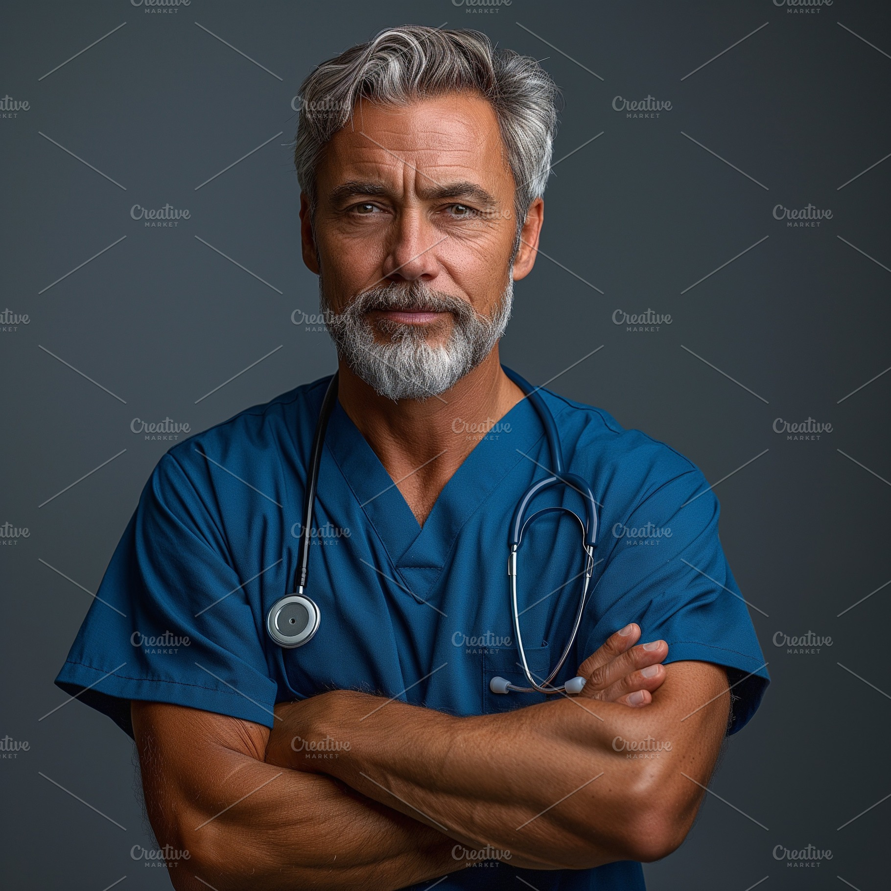 Confident senior male doctor with gray hair, wearing scrubs, poses for a portra, a Person Photo by ImageMir