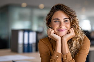 Woman smiling while sitting at desk, a Photo by Beautiful things