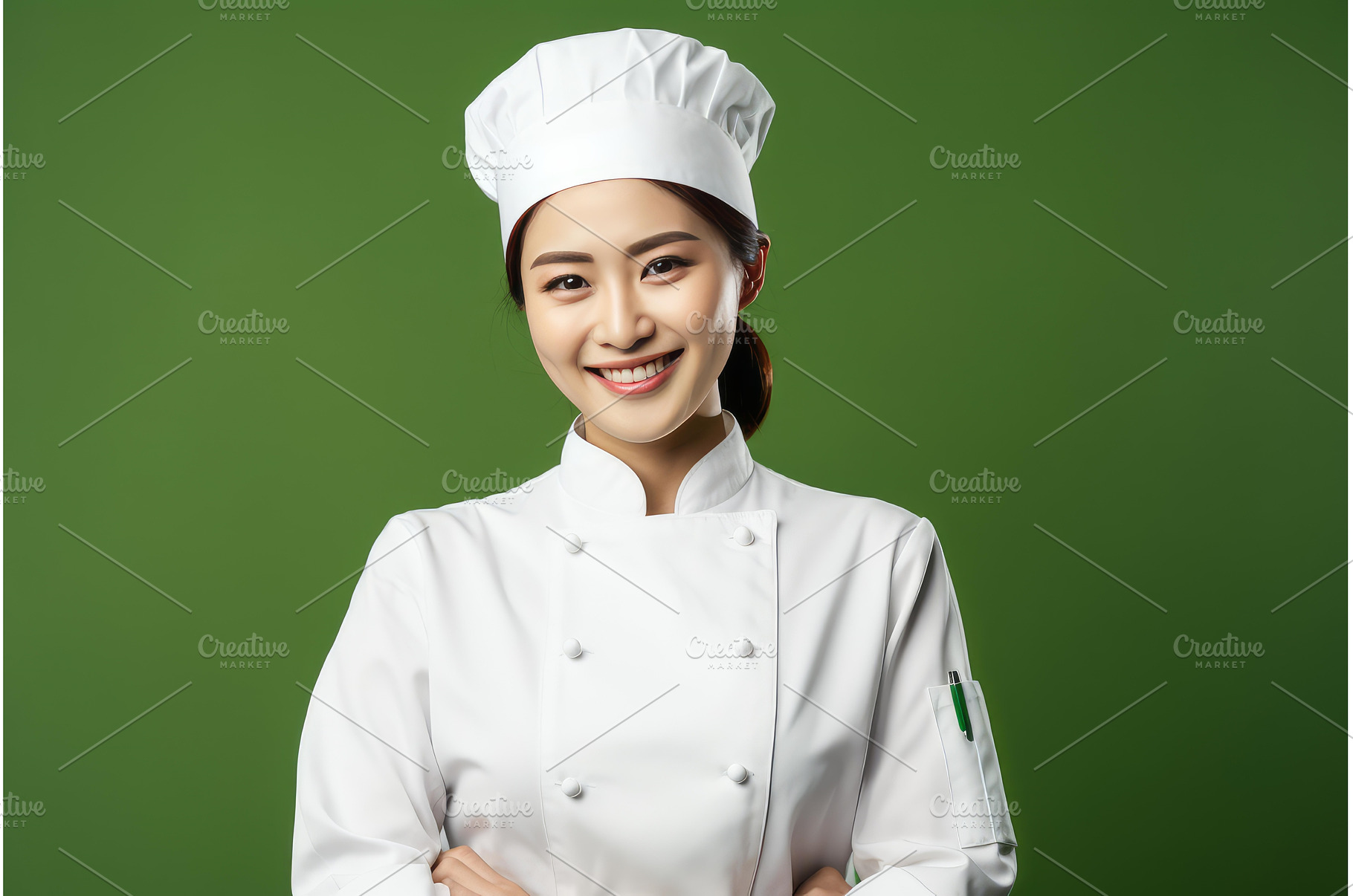 Smiling asian female chef posing, a Person Photo by Ylivdesign