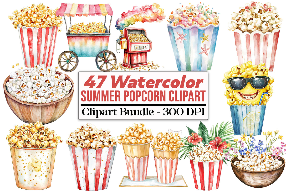 Watercolor Summer Popcorn Clipart, an Illustration by DreamCafeArt (Photo 1 of 5)