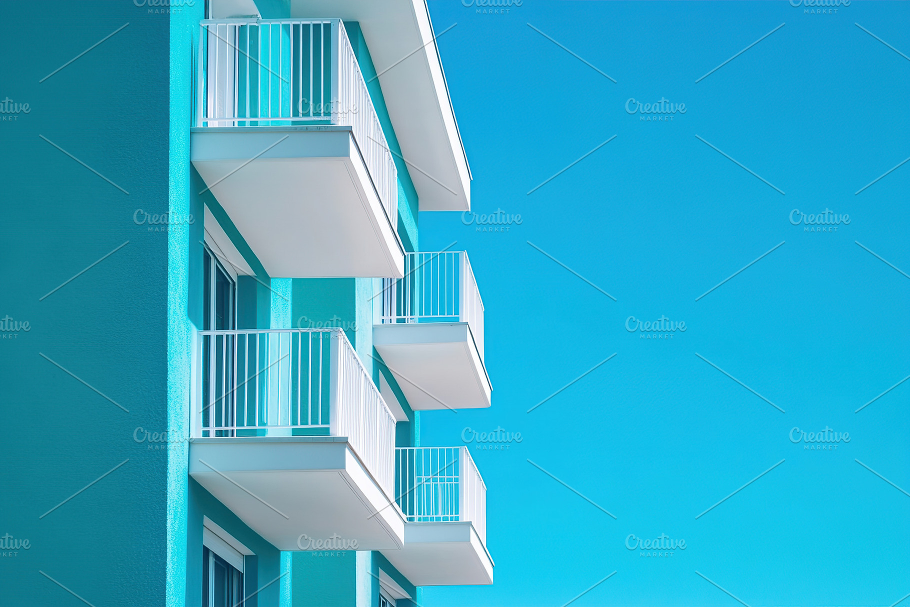 Vibrant blue building with balconies against a clear sky captures modern archit, an Architecture Photo by AlyaAnd