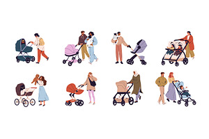 Families, parents with strollers set, a Person Illustration by PaperTrident