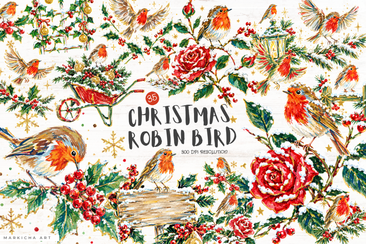 Frosted Christmas Robin Bird Clipart, an Animal Illustration by Markicha Art (Photo 1 of 5)